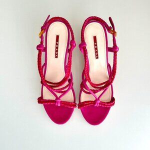 PRADA Strappy Suede Slingback Cork Wedge Sandals in Fuchsia Red Size 38.5 US 8.5